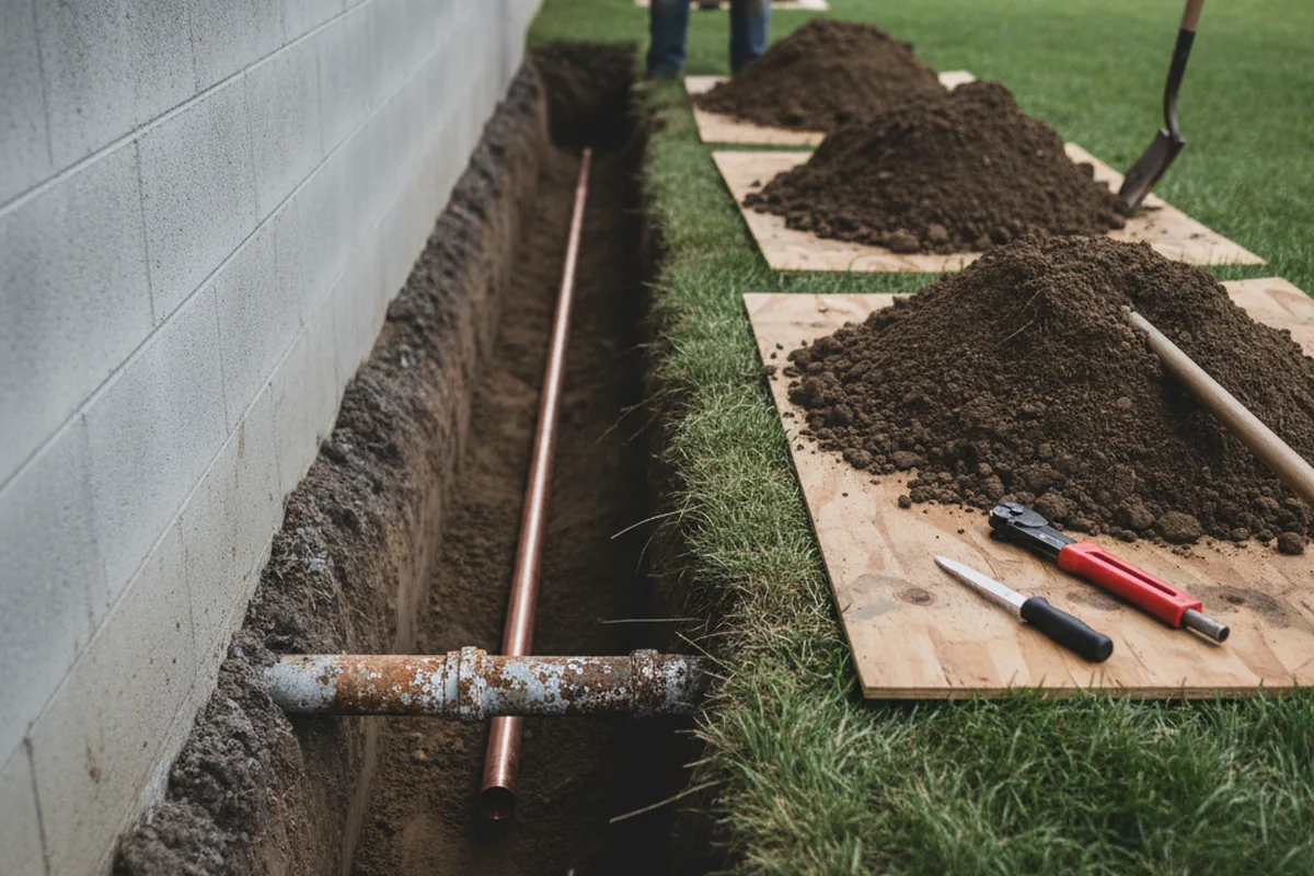 Excavated water line trench during Water Heater Repair in Grayson